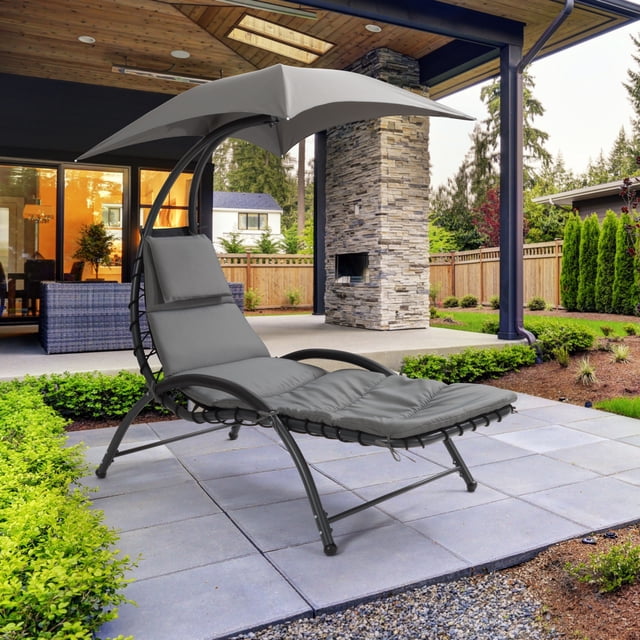 CorLiving Alora Steel Frame Outdoor Lounge Chair with Removeable Cushions and Canopy, Grey