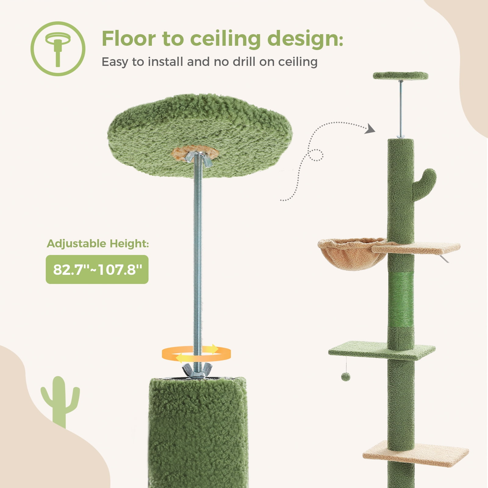 Pefilos 5 Tiers Cactus Cat Tree Floor to Ceiling, Adjustable Height (83"-108") Climbing Cat Tower for Indoor Cats with Condo, Scratching Post, Green