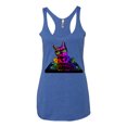 thumbnail image 2 of Neon Retro Rainbow DJ MC Hip Hop Cat | Womens Cat Lover Premium Tri-Blend Racerback Tank Top, Vintage Royal, Medium, 2 of 4