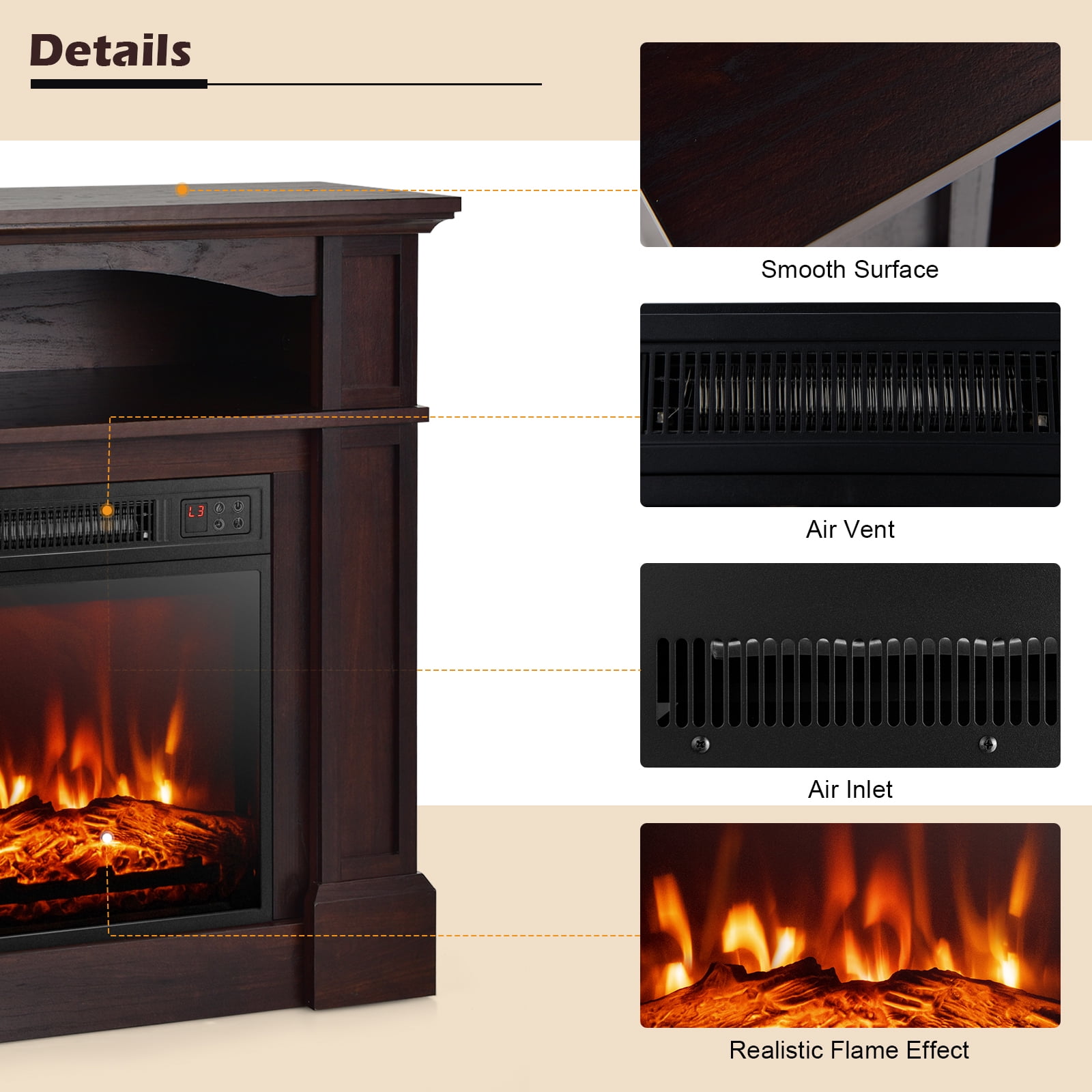 Topbuy 32" Electric Fireplace with Mantel 1400W Freestanding Heater with Remote Control & Adjustable Brightness Brown
