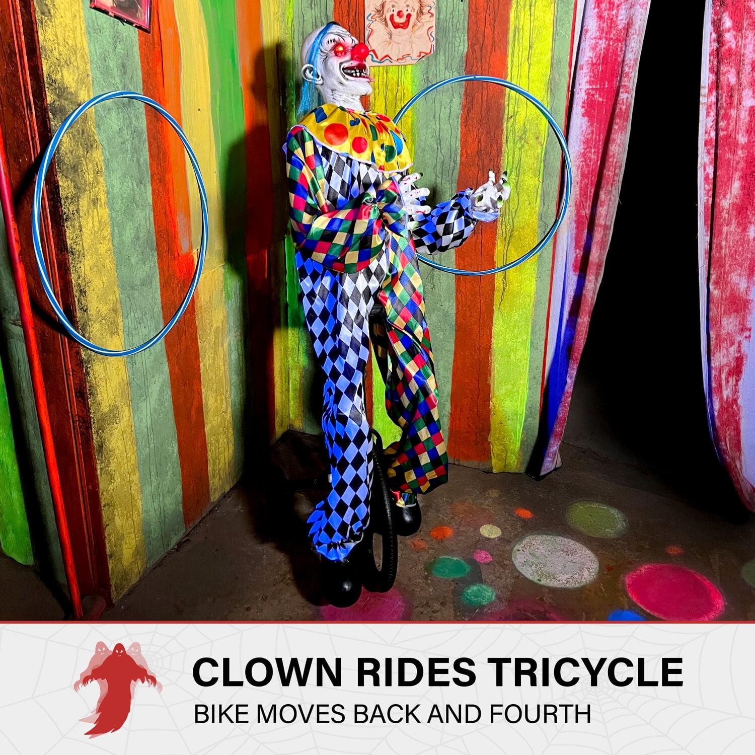 Haunted Hill Farm 5.9 ft Voice & Sound-Sensor Clown on Tricycle Halloween Animatronic, HHTRIBKCLOWN-1FLSA