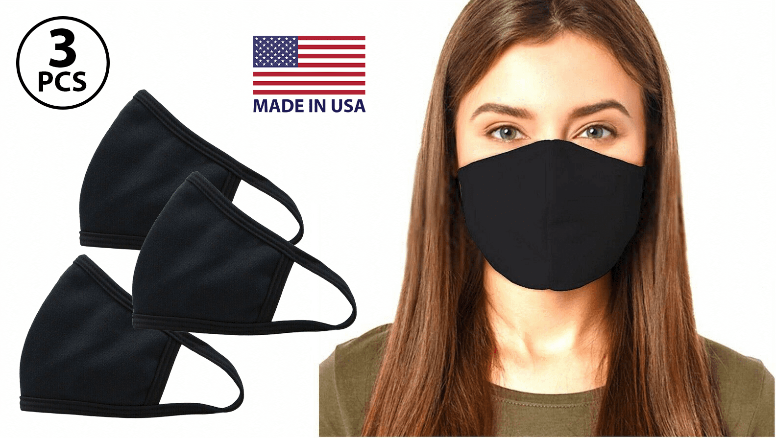 (Pack of 3) Fashion Washable Reusable Soft Double Layers Cotton Face Covering Mask Adults Black - Made In USA