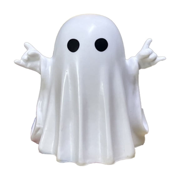 Cute Ghost Figurine with Rock Hand Gesture, White Resin Halloween Decor, Spooky Tabletop Ornament for Desk Shelf Party Gift,Height 3.15 inches.