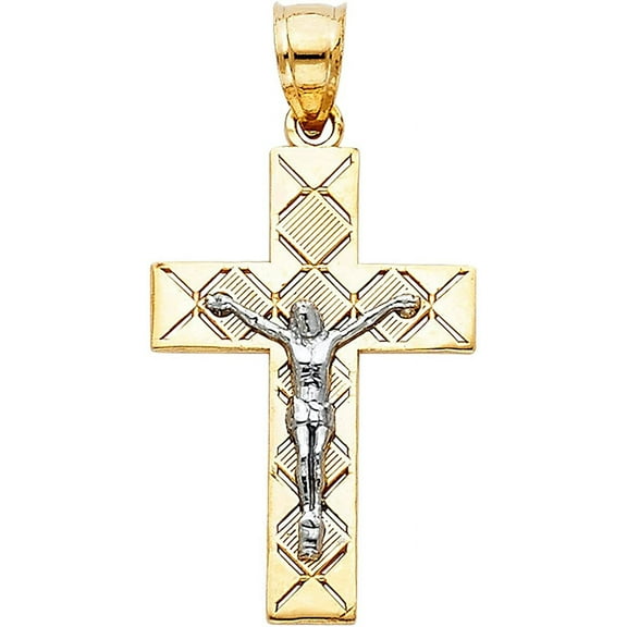 14K Gold Crucifix Pendant - Jesus Engraved on 2T Linear Cross - Features Polished Finish - Spiritual Symbol for Christianity - Gold Stamped Fine Jewelry - Great Gift for Men & Women, 25 x 16 mm