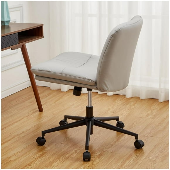 QinaQin Office Chair with Wheels, Armless Cross Legged PU Leather Vanity Chair with Height Adjustment