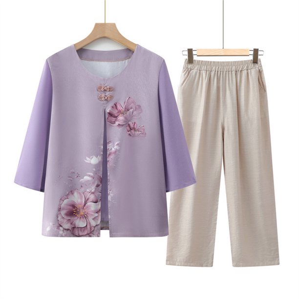 Conjunto de 2 piezas de XL-5XL para mujer, ropa de dormir informal para el hogar, traje de madre exterior, pantalones de abuela de talla grande, 2024
