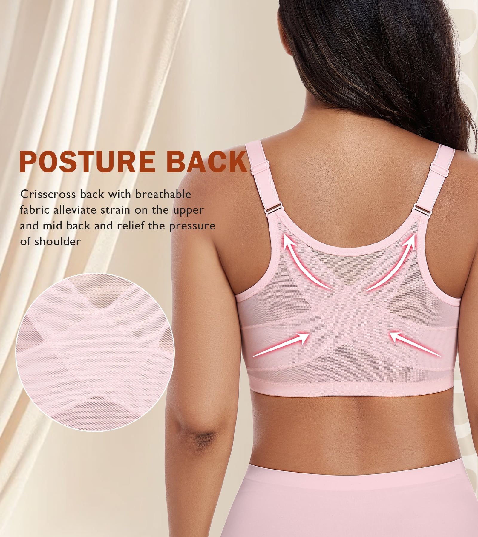 Exerin Women's Front Closure Non Padded Underwire Plus Size Posture Back Support Bra(34DDD,Pink)