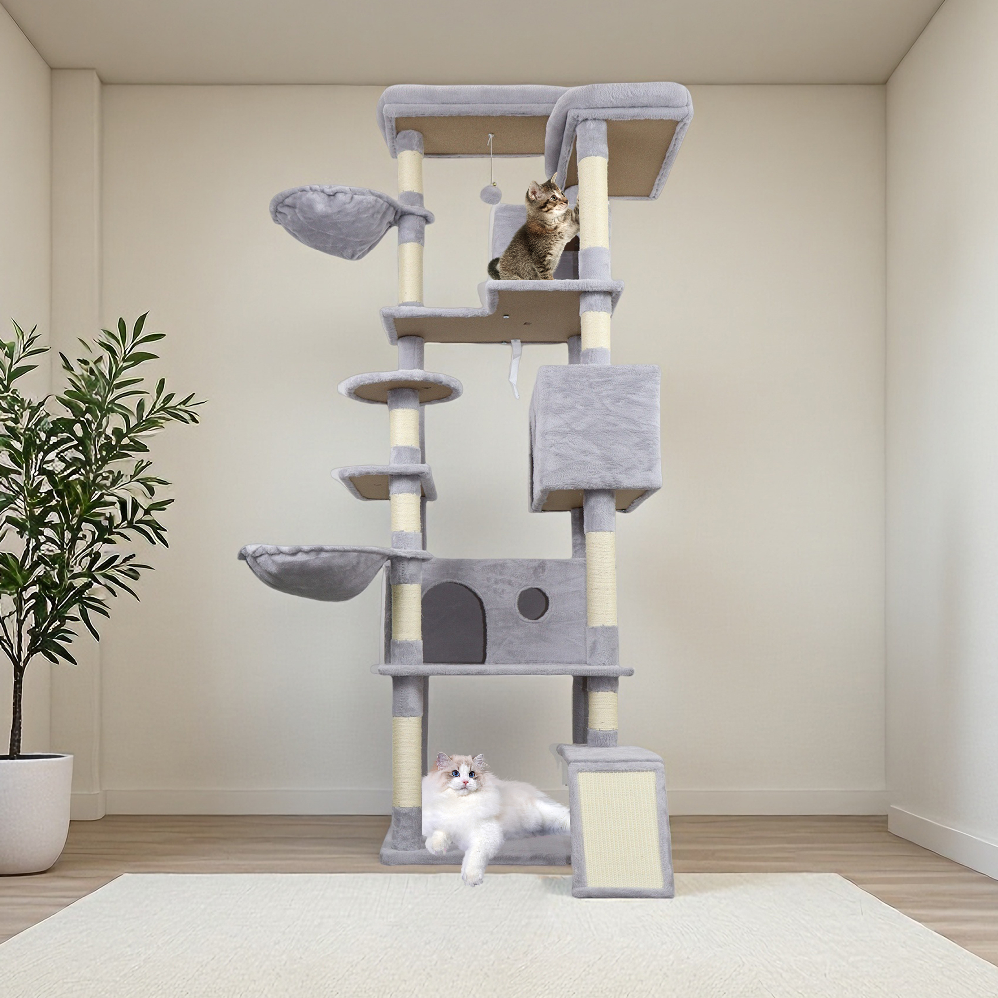 Jopath 84.6 in Light Gray Cat Tree Tower with Wide Base, 3 Large Hinding Condo, 11 Sisal Scratching Post,2 Hammocks, Large Top Platform, Many landing Perch and Interactive toy