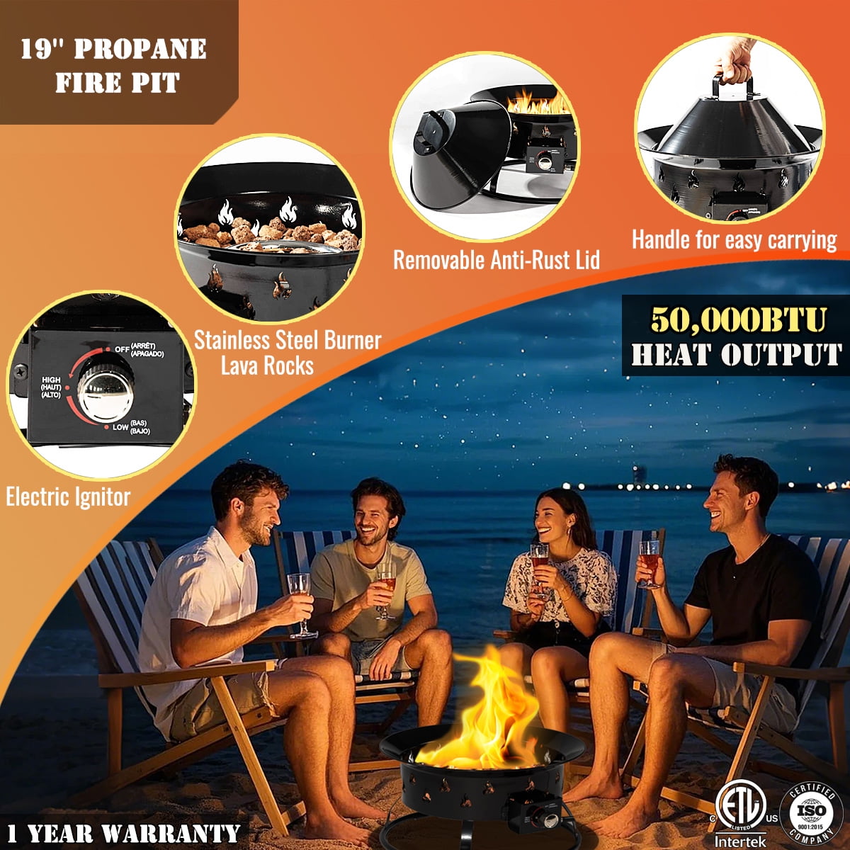 19'' Round Portable Propane Outdoor Camping  Fire Pit with Lockable Cover Lid as Handle
