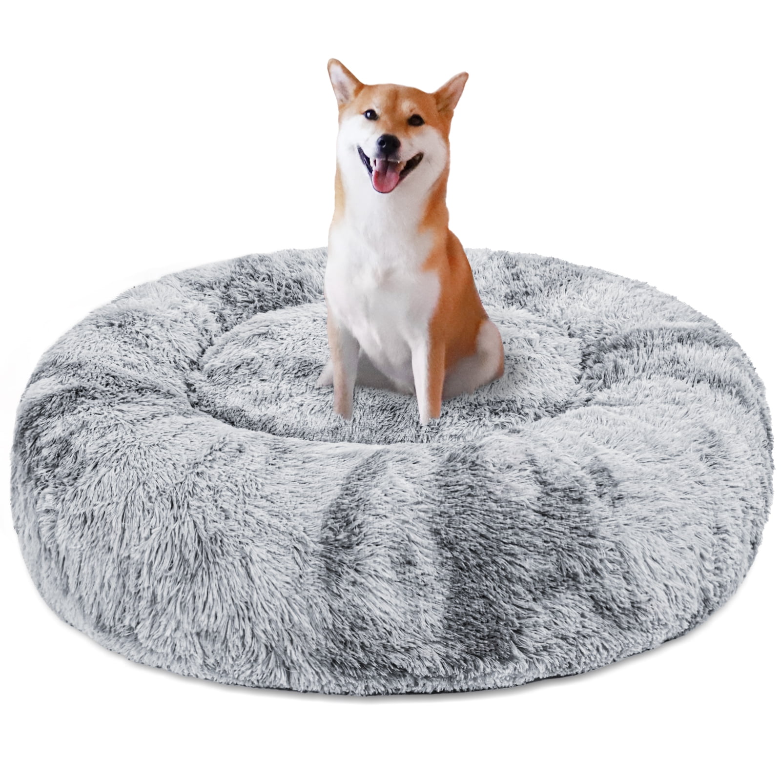 Exclusivo Mezcla Calming Donut Pet Bed for Small Dogs 20", Anti-Anxiety Plush Cozy Warming Dog Bed, Grey