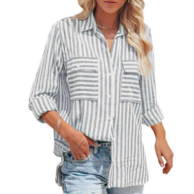 Chemises à Rayures à Manches Longues pour Femmes, Col à Revers en V, Boutons, Hauts Décontractés, Tuniques Classiques de Bureau, Blouses avec Poches