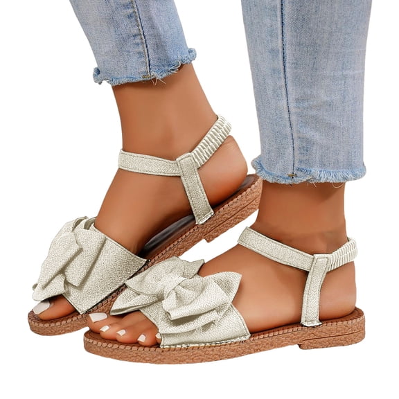 Rokment Womens Bow Flat Dress Sandals Beach Summer Comfortable Stylish Casual Bowknot Low Heel Open Toe Slingback Sandals for Vacation Walking A Size 6