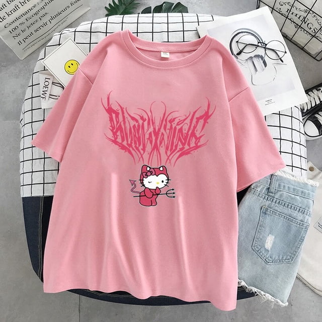 Camiseta estampada de Hello Kitty para niñas, camisa de cuello redondo de manga corta, versátil, suelta, informal, de verano