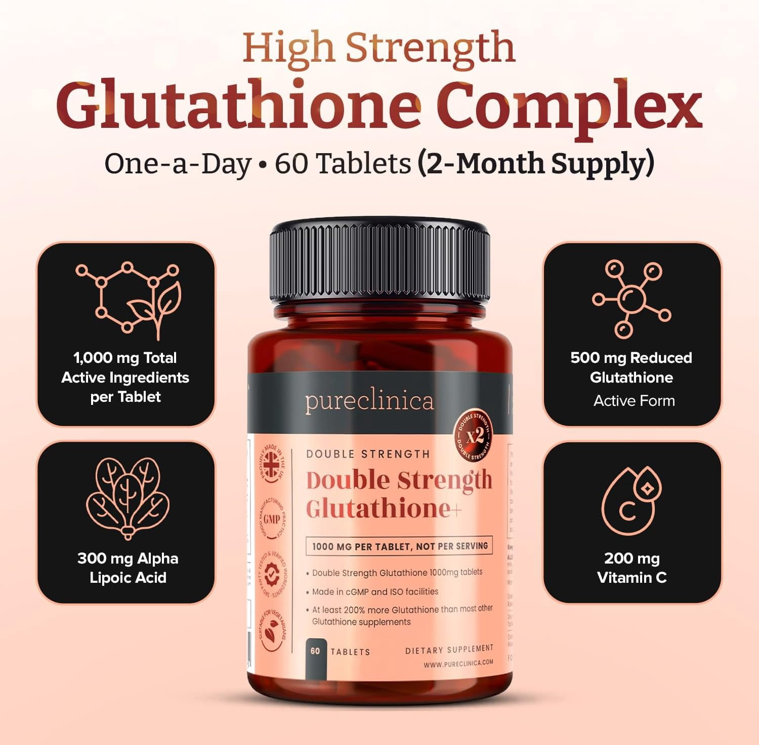 PureClinica Glutathione 1000mg – 60 Tablets – 500mg Reduced Glutathione with Alpha Lipoic Acid & Vitamin C – Antioxidant & Cellular Health Support