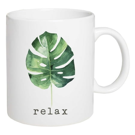 

Relax Green Palm Frond Leaf 15 ounce Glossy Porcelain Ceramic Coffee Mug