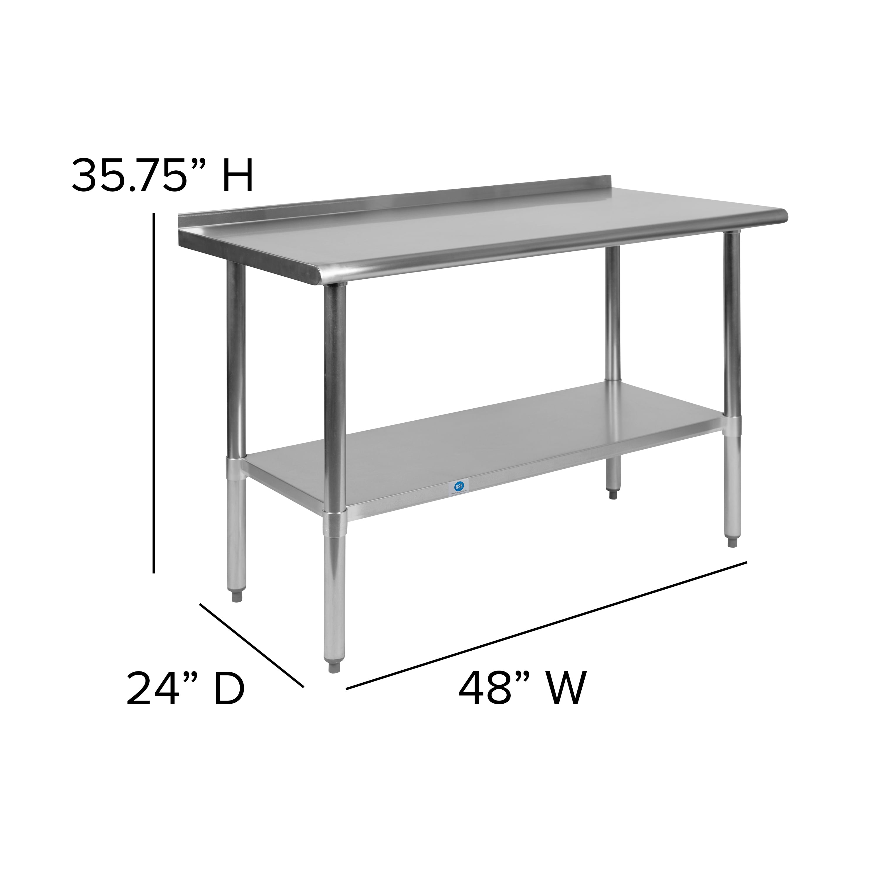 Flash Furniture Rawcliffe Stainless Steel 18 Gauge Prep and Work Table with 1.5" Backsplash and Undershelf - NSF Certified - 48"W x 24"D x 36"H