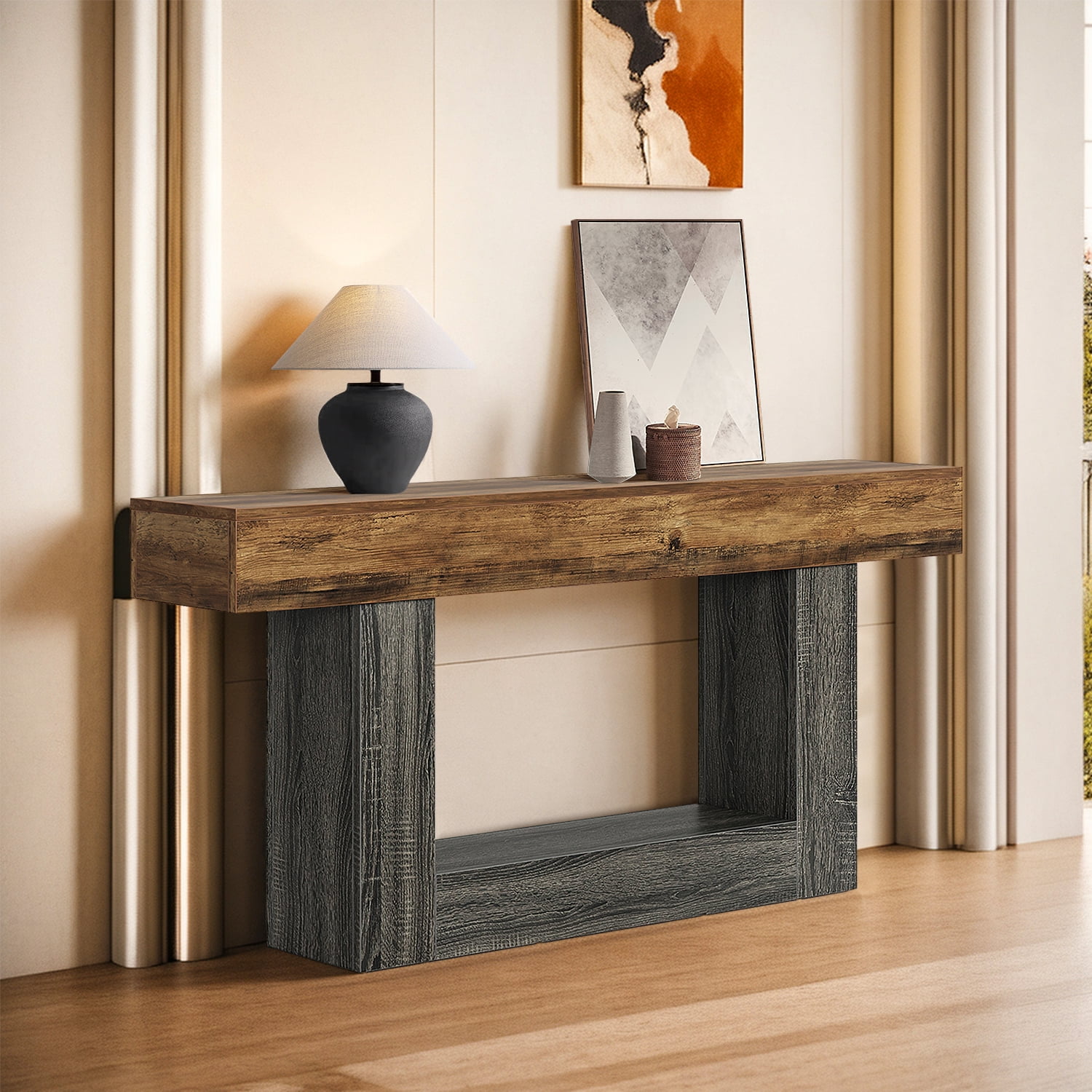 Demi Bonn 63" Wood Console Table, Farmhouse 2-Tier Sofa Table Entryway Table, Foyer Display Table, Brown + Gray