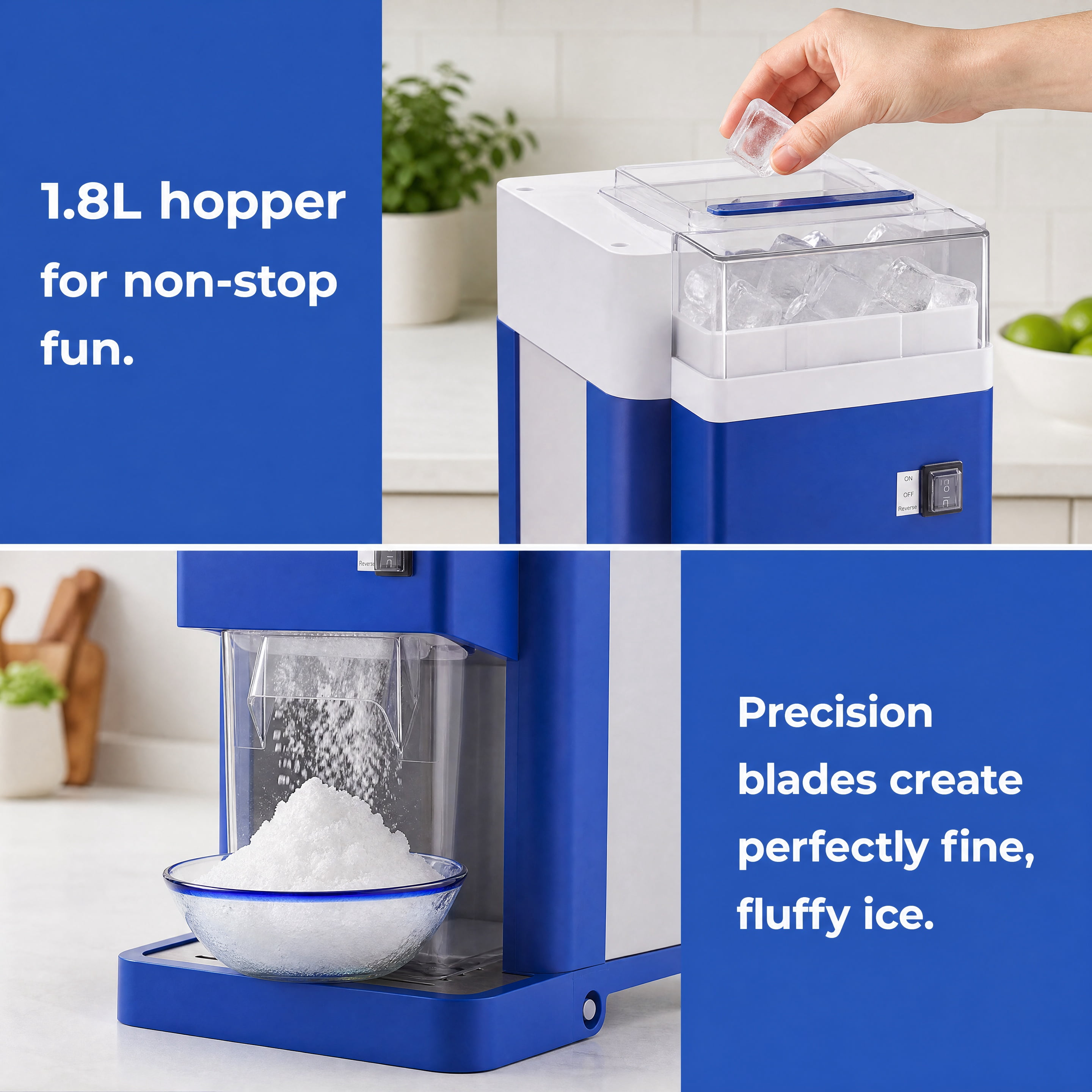 Commercial Electric Ice Shaver Machine 1.8L Large Capacity Snow Cone Maker 300W Motor Stainless Steel Blades Fluffy Shaved Ice Machine for Home Party Dessert Shop Restaurant Blue