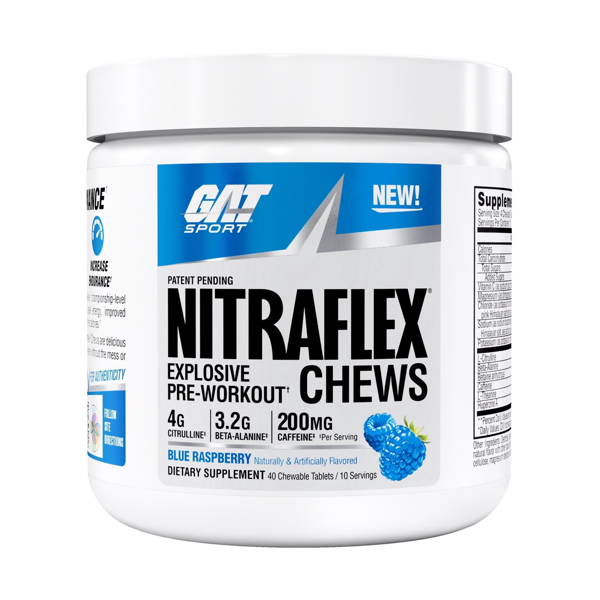 GAT SPORT NITRAFLEX PREWORKOUT CHEWS, Blue Raspberry, 40 Tablets