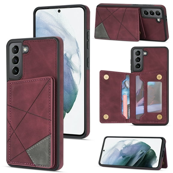 Feishell for Samsung Galaxy S23 Back Flip Case with Credit Card Slots,Shockproof Durable PU Leather Magnetic Button Adjustable Kickstand Wallet Phone Case for Women Men,Winered