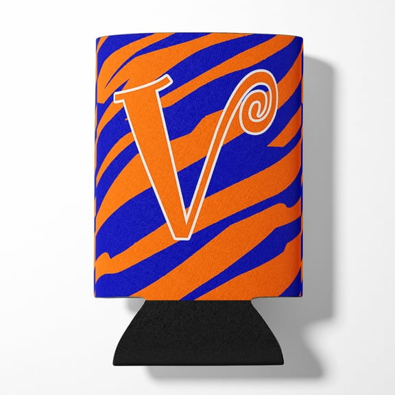 Letter V Initial  Tiger Stripe Blue and Orange Can or Bottle Hugger