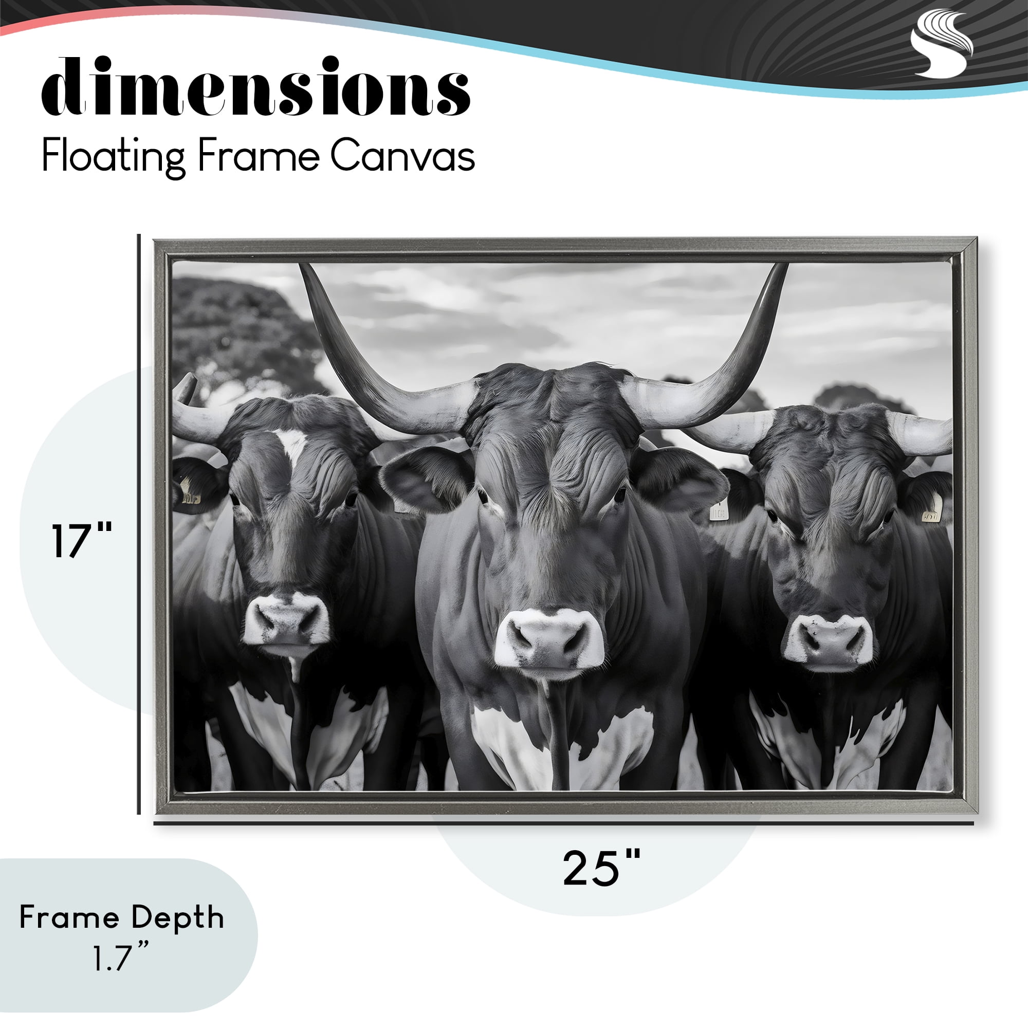 Stupell Industries Three Longhorns in a Row Gray Framed Floater Canvas Wall Art, design by Creative Studio