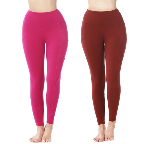 Women & Plus Stretch Workout Running Tight Leggings with Wide Waistband & Pockets (2PK: Magenta/Fired Brick, S)