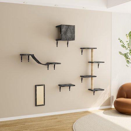 Cat Tree Wall Mounted Furniture DIY Set Climbing Shelves for Kitty Play & Relaxing - Includs Scratching Board, Connect Bridge, House and Scratching Posts, Grey Plush