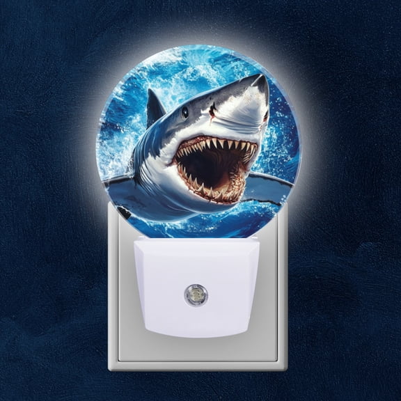 Round LED Night Lights Lamp with Dusk to Dawn Sensor, Shark Opened Jaws Night Light Plug Into Wall for Kids Room, Bedroom, Bathroom, Kitchen, Hallway