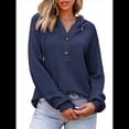 thumbnail image 2 of Sudadera con Capucha para Mujer, de Punto Gofre, Larga, Cordón Ajustable, Botones, Cuello en V, Informal, con Capucha Azul Marino M, 2 of 8