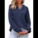 thumbnail image 2 of Sudadera con Capucha para Mujer, de Punto Gofre, Larga, Cordón Ajustable, Botones, Cuello en V, Informal, con Capucha Azul Marino S, 2 of 8