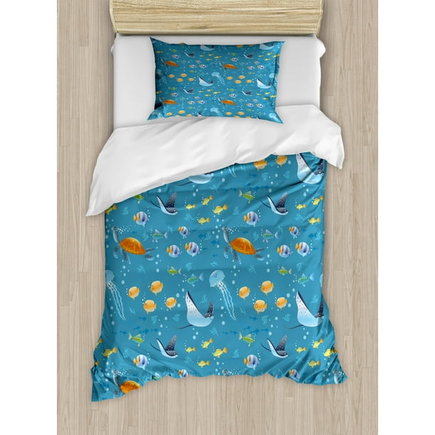 Under the Sea Duvet Cover Set, Cartoon Style Fish Turtle Swimming