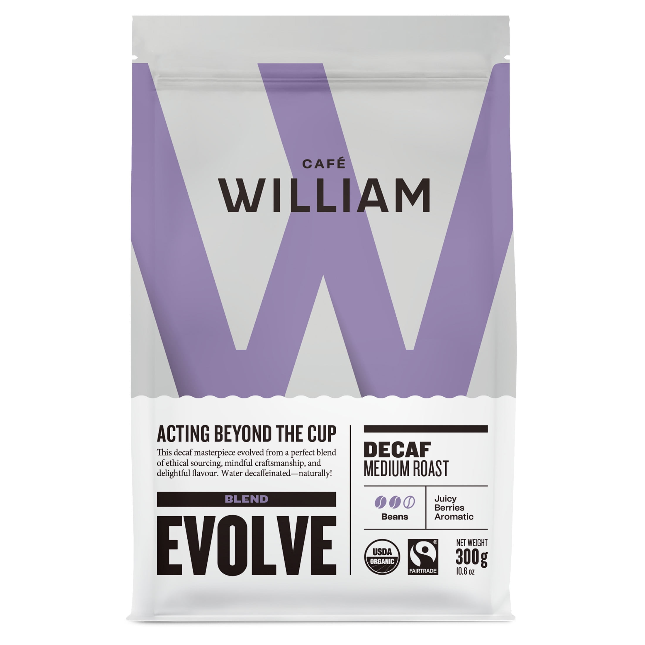 Café William Coffee Organic Fair-Trade EVOLVE Decaf Medium Roast Whole Bean Blend 300 G, ORG FT WHBN DECAF 300G