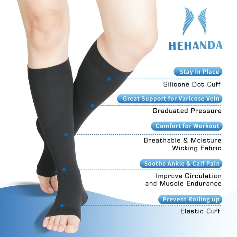 Hehanda Toeless Compression Socks for Women & Men(S-6XL), Knee High 20-30  mmHg,Support Circulation Shin Splints and Calf Recovery, Varicose Veins,1  Pair Black Open Toe 