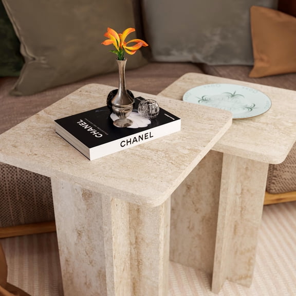 Ultimate Premium Products Modern Nesting Table Set with Wooden Square Side Table Travertine Finish End Table