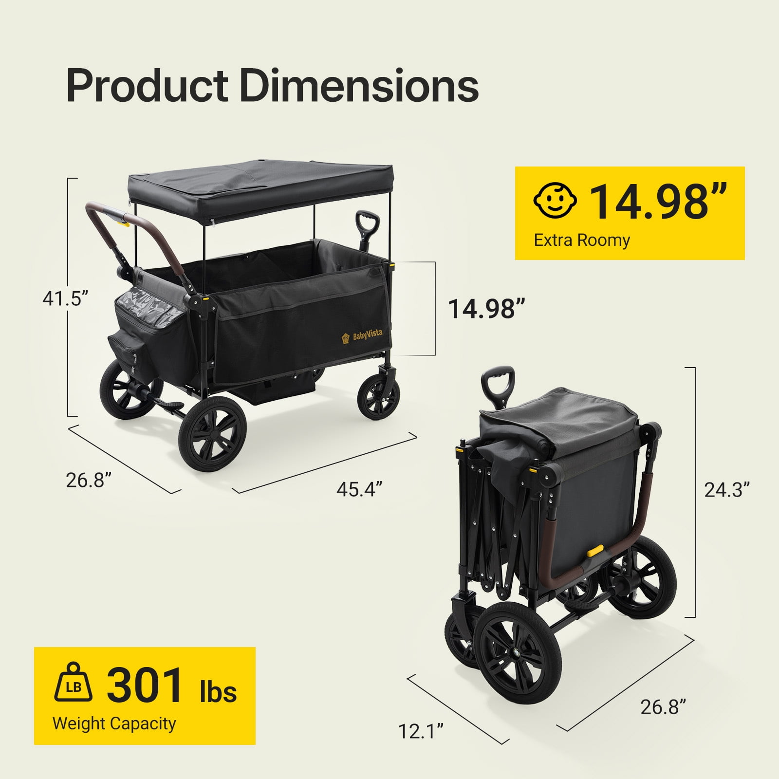 BabyVista Wagon Stroller All-Terrain for 2 Kids with Canopy, Parents Organizer, Adjustable Handlebar, Compact Foldable Baby Stroller Collapsible Toddler Stroller