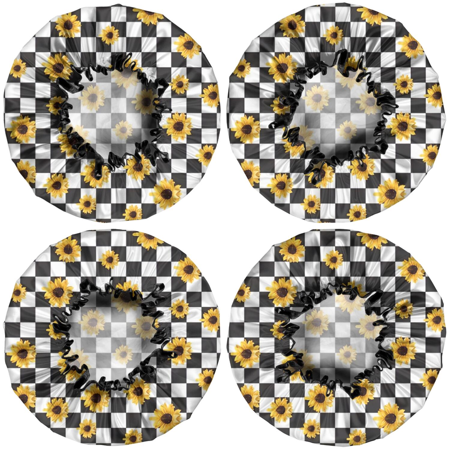 Shower Caps,Black White Checker Sunflower Pattern Waterproof Shower Cap for Women 4 Pieces,Double Reusable Hair Cover for Shower PEVA Elastic Stretch Hem