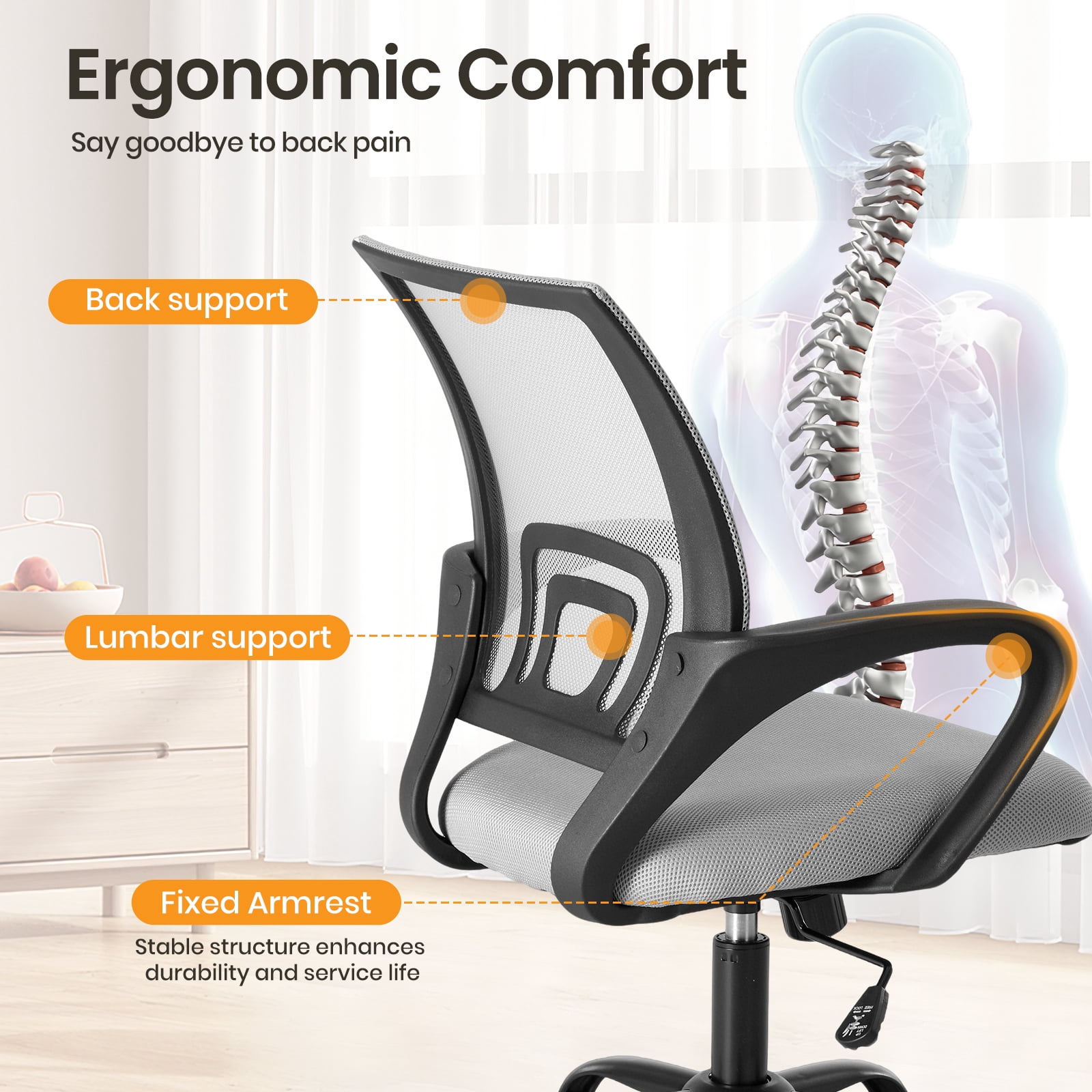 Gianna Ergonomic Office Chair, Mid-Back with Lumbar Support, Rocking and 360° Swivel for Home, Gaming, or Office