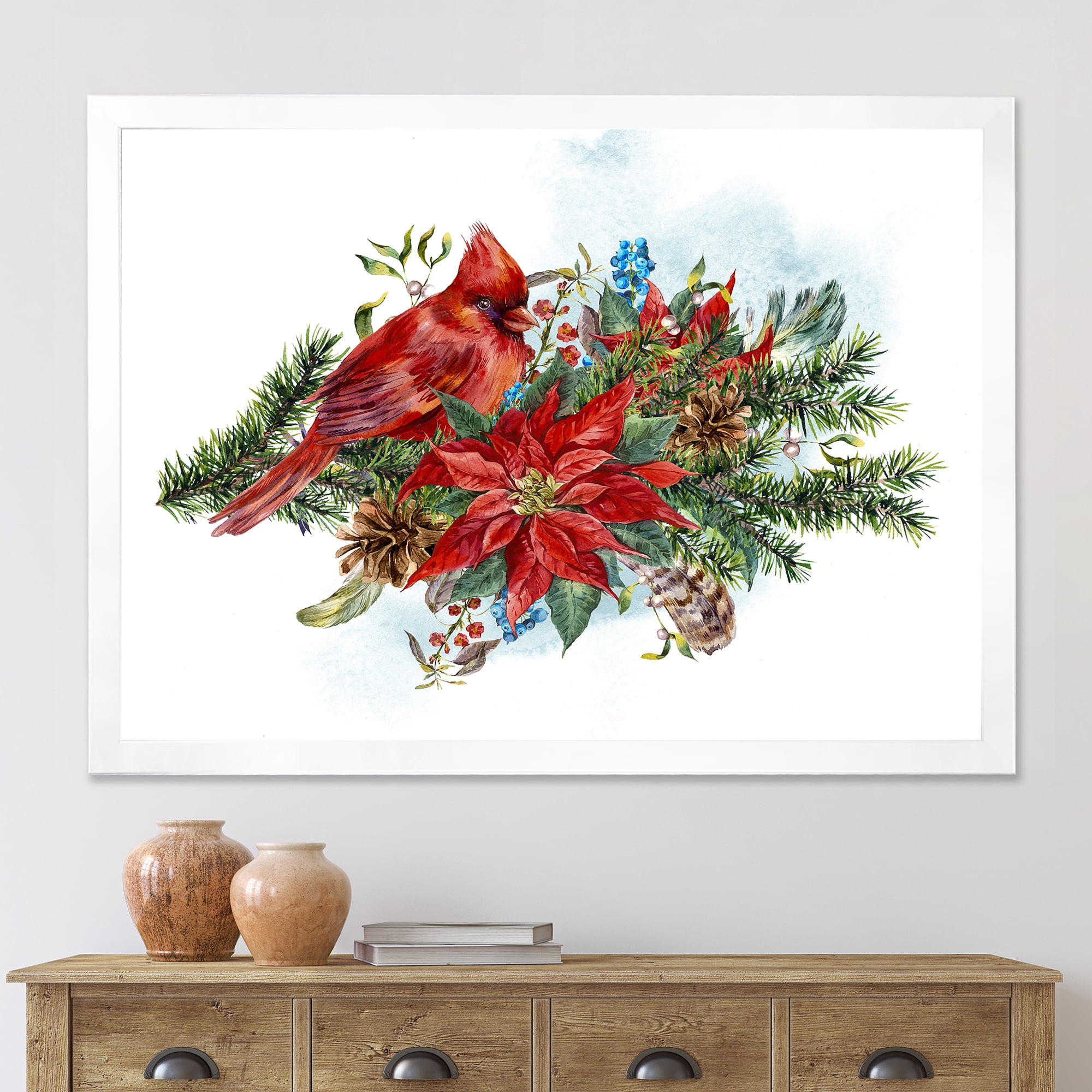 Designart 'Christmas Red Cardinal Bird and Poinsettia' Traditional Framed Art Print