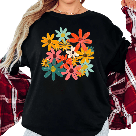 UNISHE Women's Vintage Multicolor Daisy Cluster Retro Distressed Graphic Short Sleeve T-Shirt Casual Crewneck Top
