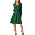 thumbnail image 1 of Vestido midi de mujer con capas, cuello en V, manga larga, cintura alta y bolsillos en verde oscuro, 1 of 5