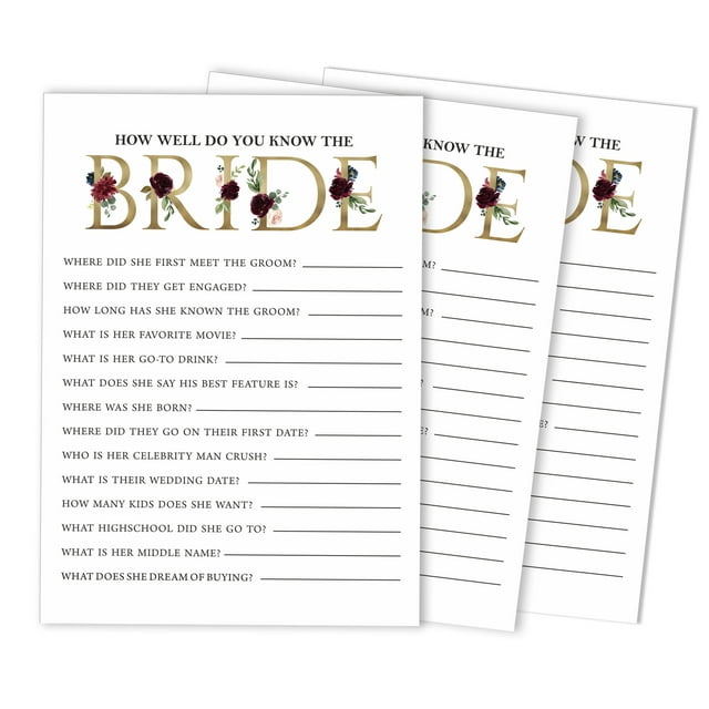 Inkdotpot How Well Do You Know The Bride Bridal Shower Bachelorette PartyGameActivityCards 50-PackFloralWho Know The Bride Best