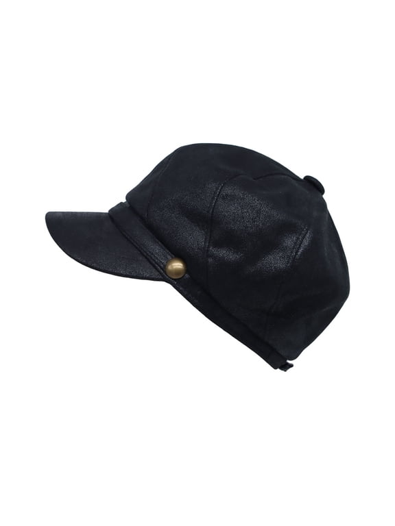 Newsboy Hat Cabbie Beret Driving Applejack Cap Faux Leather SLG1424 (Black)