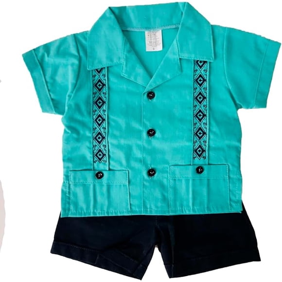 Guayabera para Bebé Pañalero con Short, Conjunto Mexicano de 2 Piezas para Niño, Guayabera Infantil de Manga Corta
