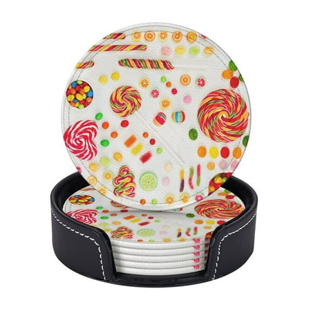 

Lollipop Food Candy Coasters With Leather Holder Set Of 6 Round Coasters for Home and Kitchen Decor