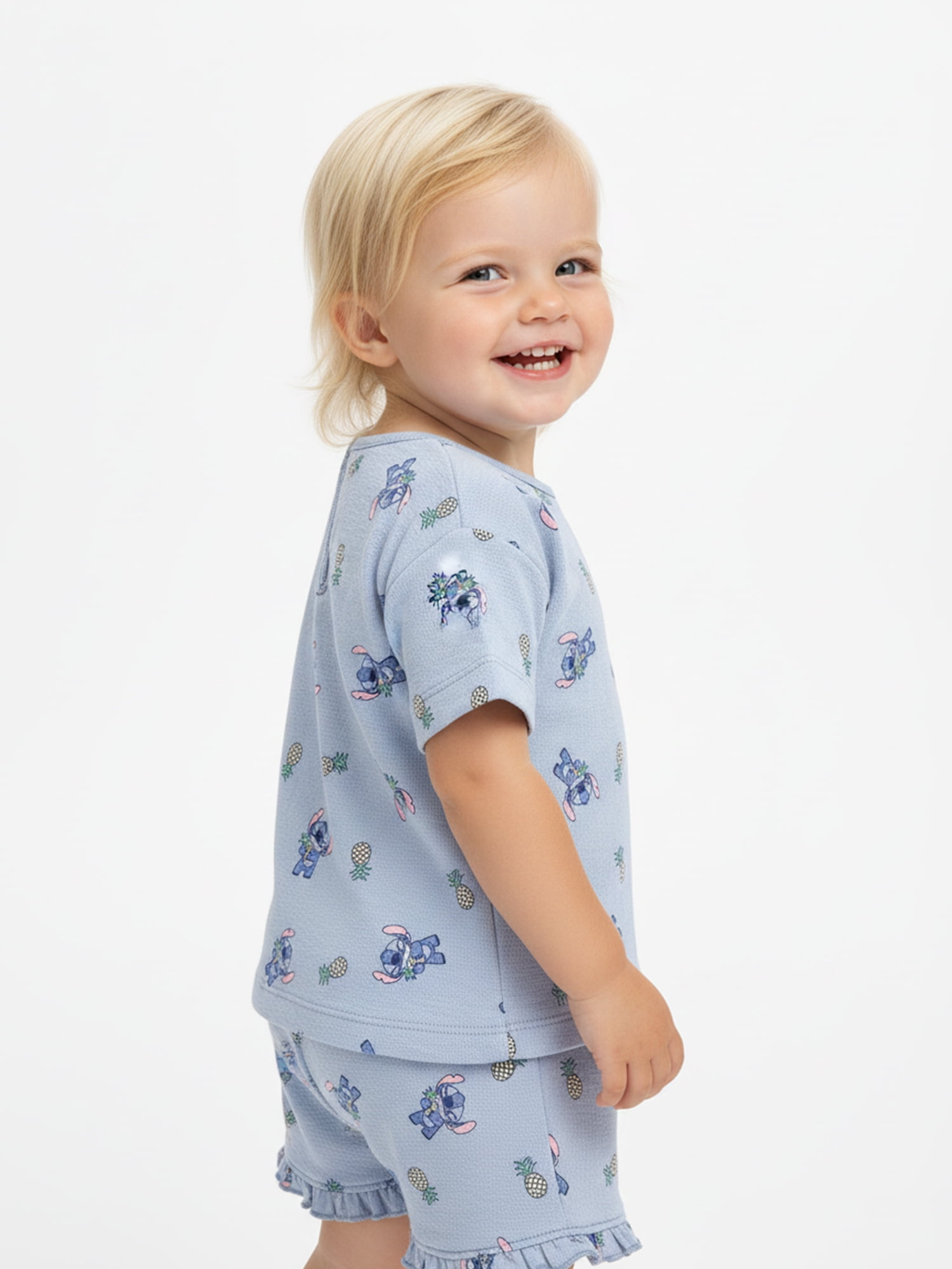 Lilo & Stitch Baby Girls Pineapples Textured Knit Top and Ruffle Shorts Set, 2-Piece, Sizes 0M-24M