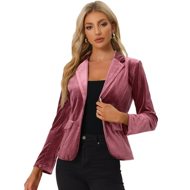 Chaqueta de terciopelo de oficina frontal con botón de solapa con muesca vintage para mujer Rosa Sucio XS