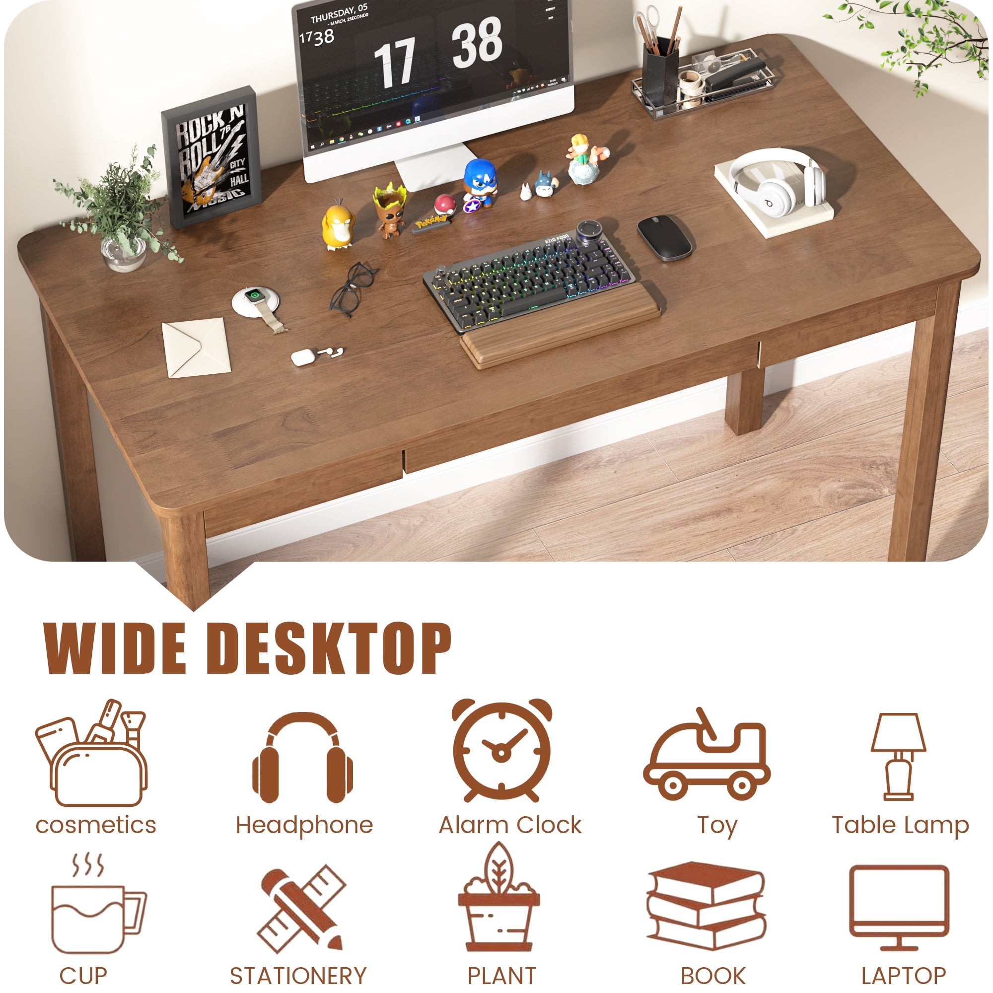 BESKADI 100% Solid Wood Desk with Keyboard Tray - 48 x 24 Inch Computer Desk with Keyboard Tray, Mid Century Modern Writing Desks, Simple Study Table Home Office Desks for Small Spaces|Bedroom-Walnut