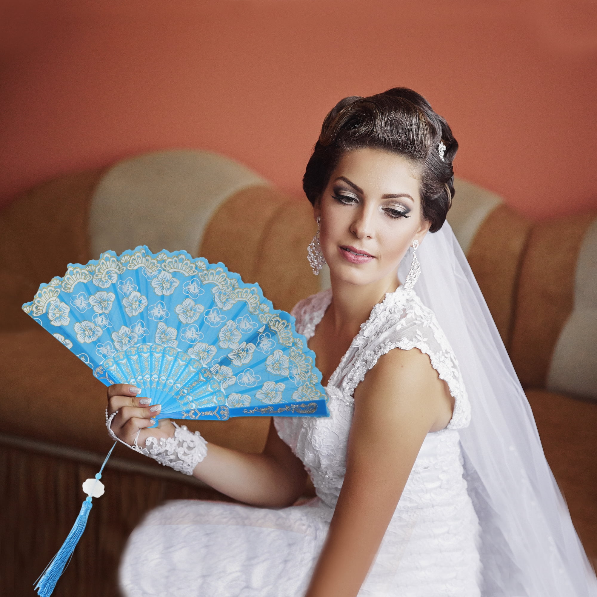 Unique Bargains Elegant Cherry Blossom With Tassel Folding Fan 1 Pc Sky Blue