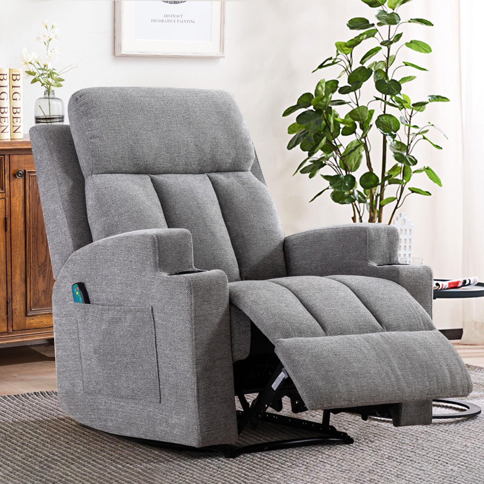 Ebello Manual Heated Massage Recliner, Soft Fabric Modern Overstuffed Recliner with Cup Holders for Living Room & Home Theater, Light Gray